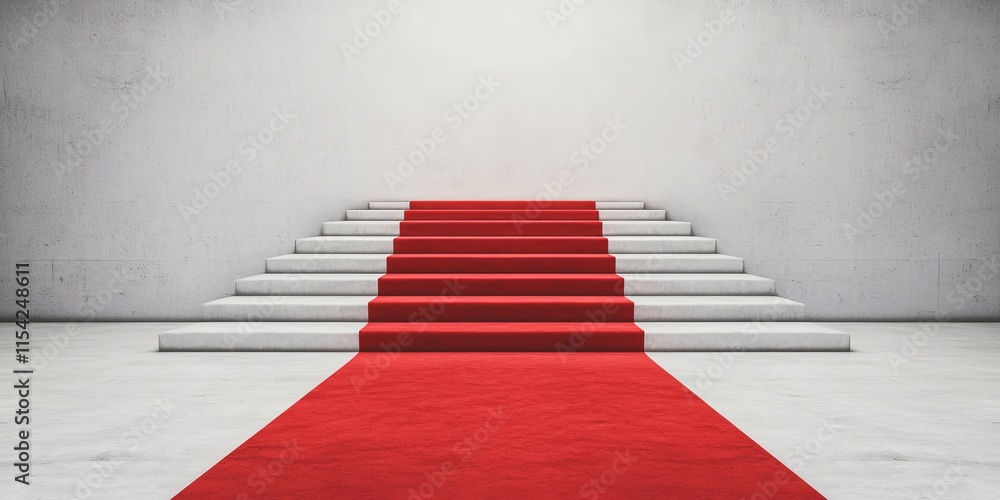 A minimalist scene featuring a red carpet leading up a set of white steps against a plain background, suggesting elegance and formality. A minimalist scene featuring a red carpet leading up a set of white steps against a plain background, suggesting elegance and formality.