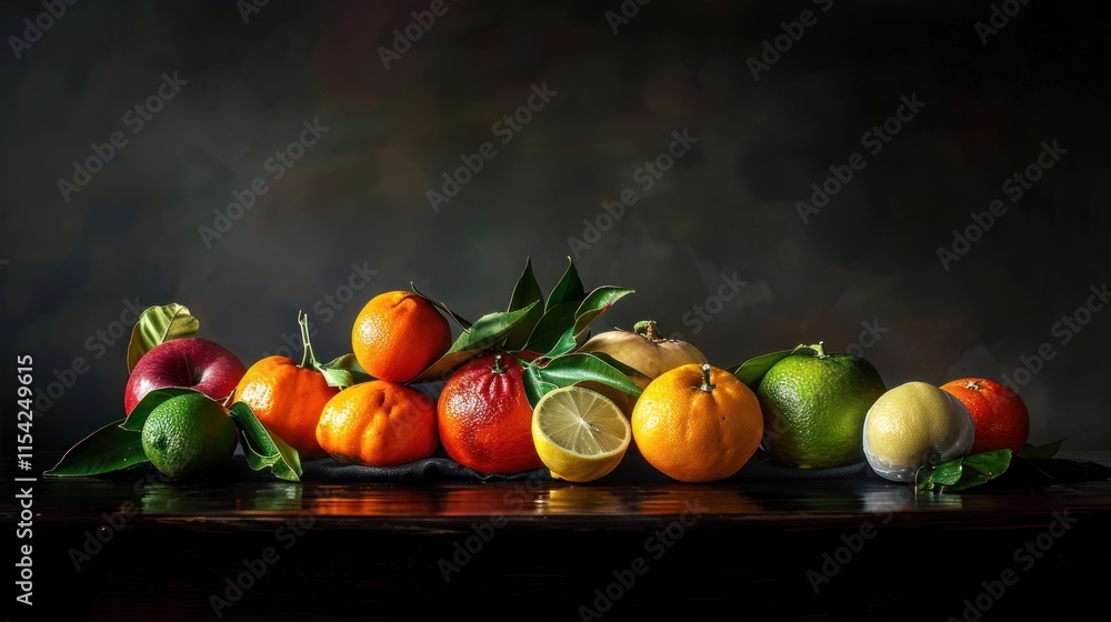 Still life of colorful citrus fruits and apple on dark wooden table. Still life of colorful citrus fruits and apple on dark wooden table.