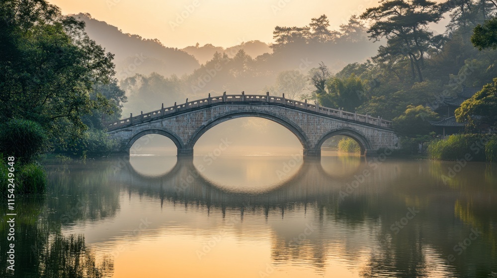 Fototapeta premium Serene Landscape with Arch Bridge Reflecting in Calm Water