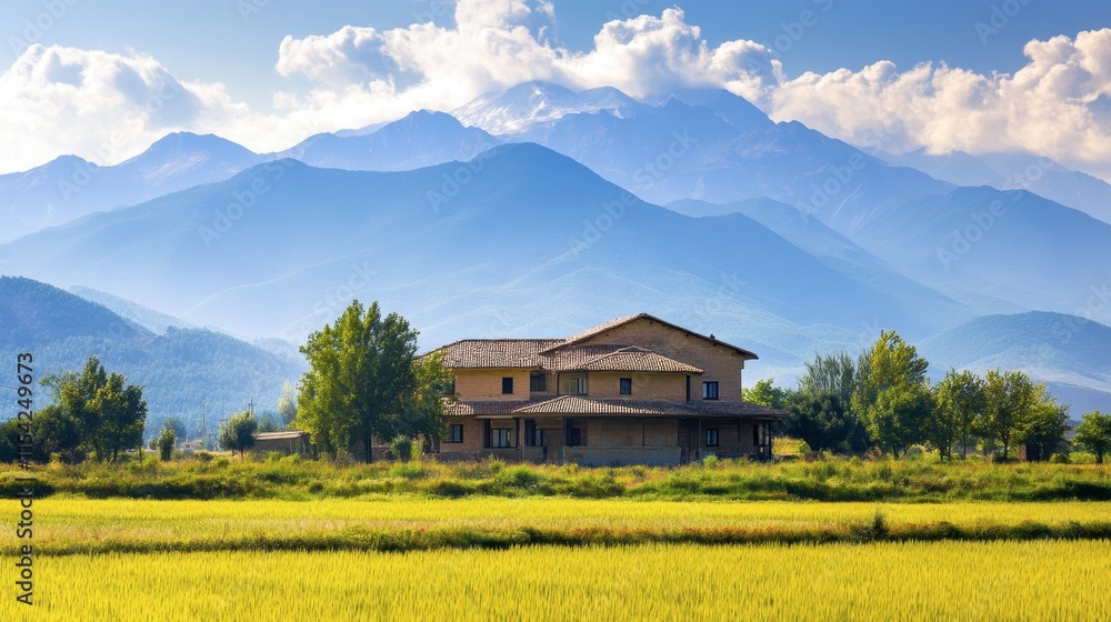 Peaceful Rural Landscape with House and Majestic Mountain View