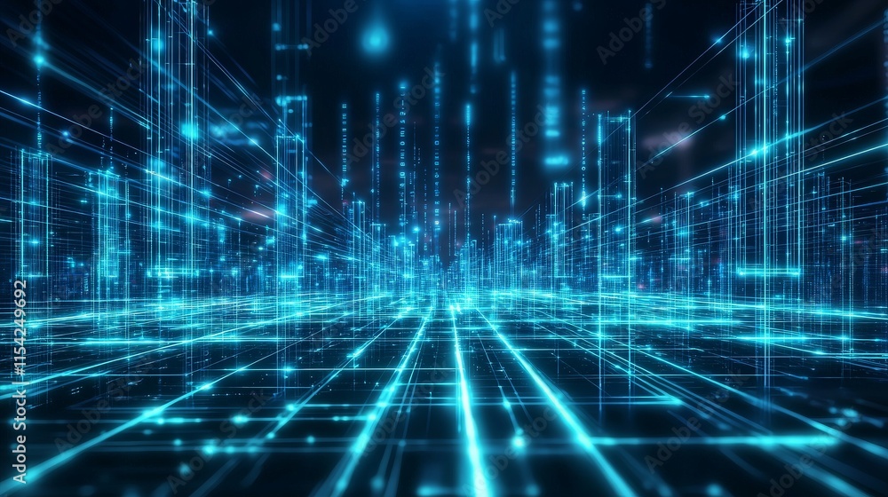 Futuristic cityscape with glowing lines and digital data streams. Futuristic cityscape with glowing lines and digital data streams.