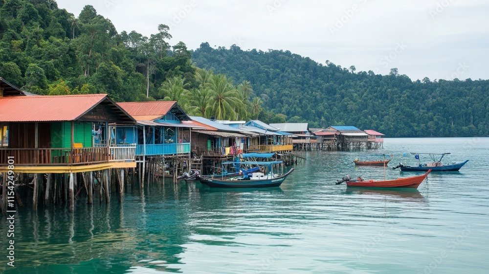 Colorful Wooden Houses on Stilts by Serene Tropical Waters Colorful Wooden Houses on Stilts by Serene Tropical Waters