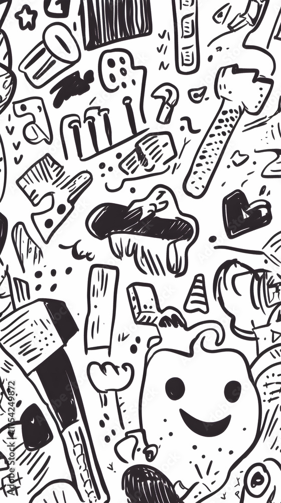 Obraz premium Whimsical doodle art background; city objects, tools, and smileys; white background; design element.