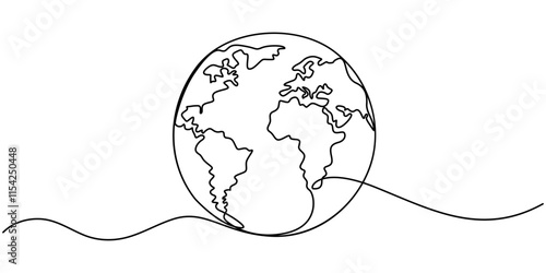Planet Earth Continuous Line Icon, Globe. Earth globe one line drawing of world map minimalist vector illustration isolated on white background. Continuous line drawing, pro vector illustration.