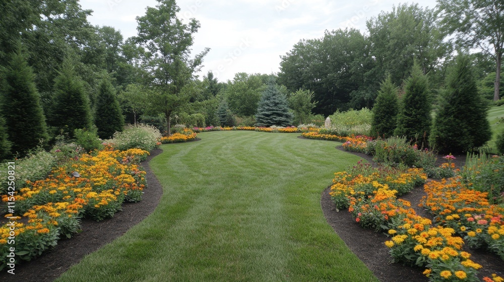Obraz premium Lush Garden Pathway Surrounded by Colorful Flowers and Greenery