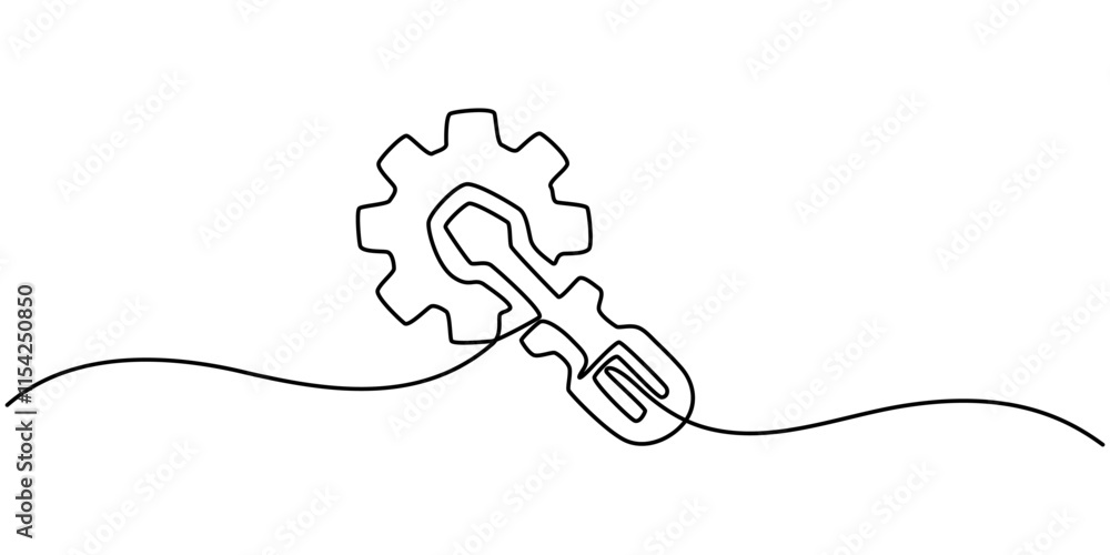 Obraz premium Continuous linear drawing of service symbol. Repair concept. One line drawn background. Vector illustration. Abstract linear background, Default Settings Continuous Line Editable Icon, tools icon. 