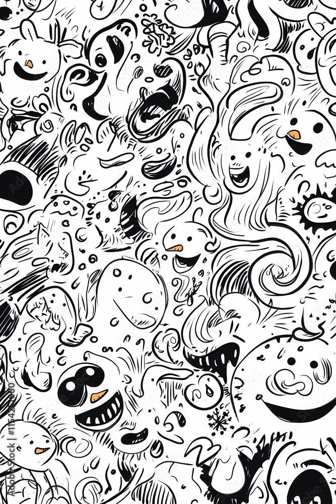Whimsical doodle creatures background pattern, playful design, white, illustration, textile print. Whimsical doodle creatures background pattern, playful design, white, illustration, textile print.