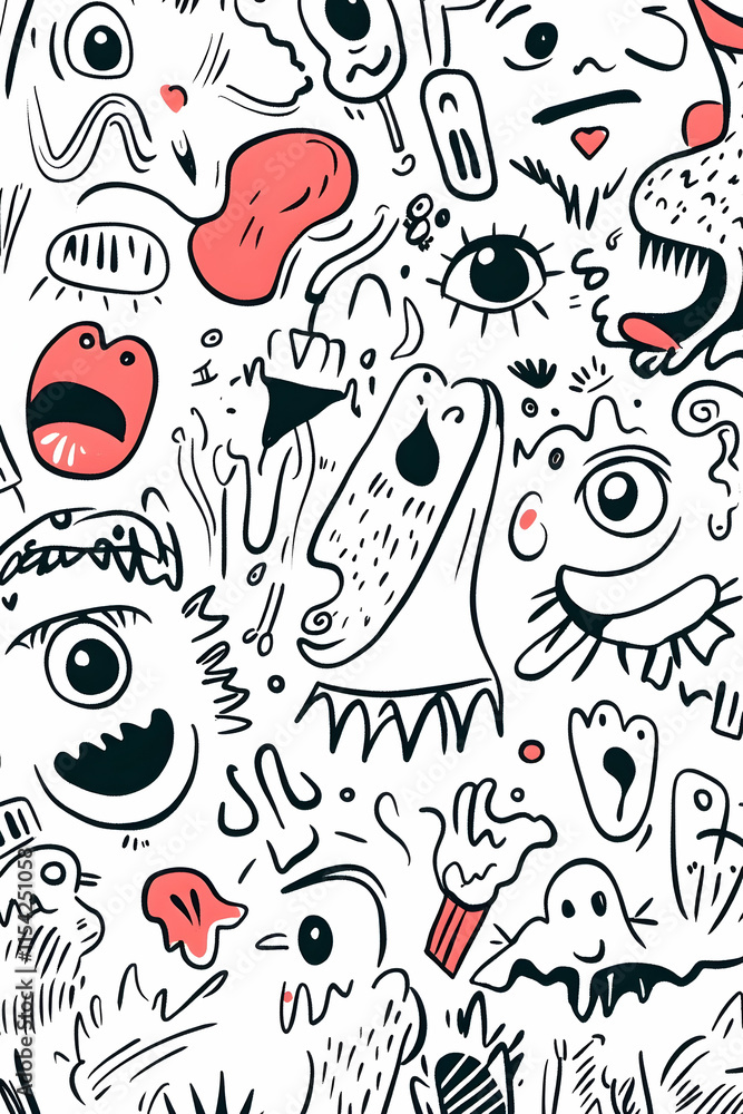Whimsical doodle faces pattern background design for textile, website, or packaging. Whimsical doodle faces pattern background design for textile, website, or packaging.