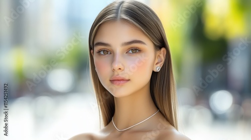 Young woman with sleek hair highlights elegant jewelry against urban backdrop Free Download Young woman with sleek hair highlights elegant jewelry against urban backdrop - GFXLoad