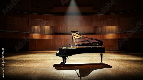Grand piano on a concert hall stage illuminated by a spotlight.