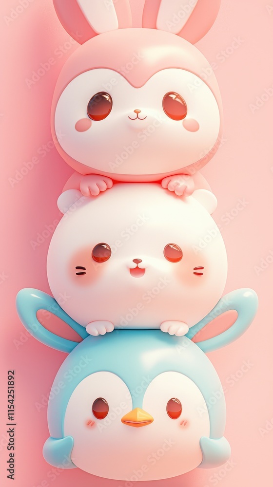 A cute stack of three adorable animal figures in pastel colors. A cute stack of three adorable animal figures in pastel colors.