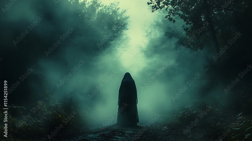 A hooded figure stands alone in a misty forest A hooded figure stands alone in a misty forest
