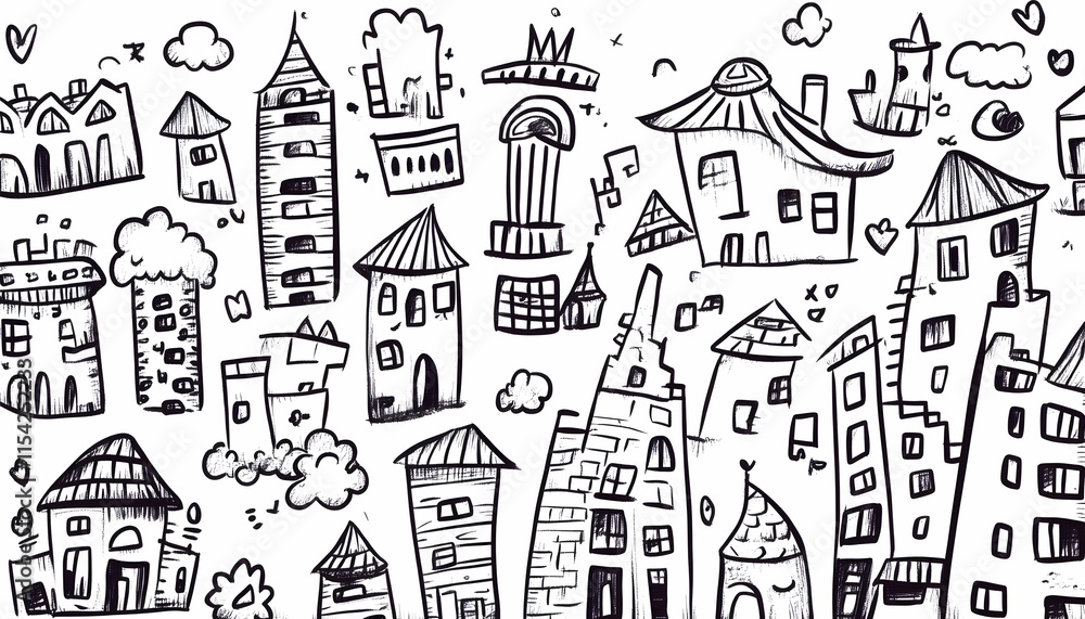 Fototapeta premium Whimsical Hand-Drawn Cityscape Sketch Diverse Architecture, Cloud Background, Design Element.