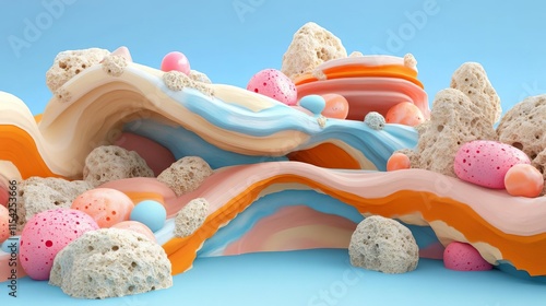 Geometric rocks minimal layer concept. Colorful abstract landscape with soft textures and playful shapes.