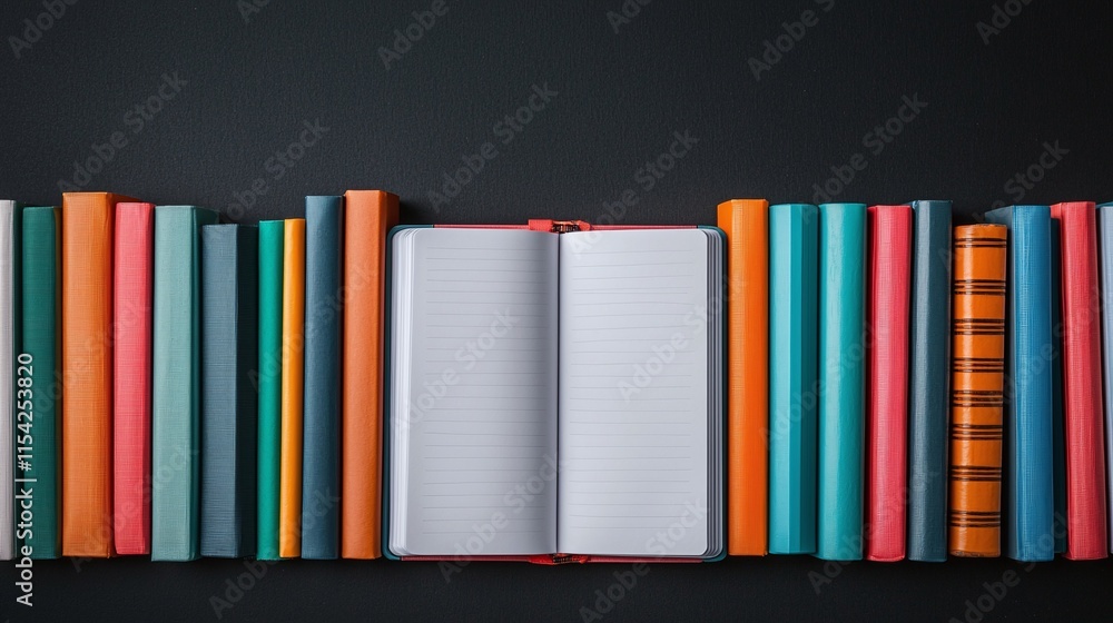 Open notebook surrounded by colorful books on dark background. Open notebook surrounded by colorful books on dark background.