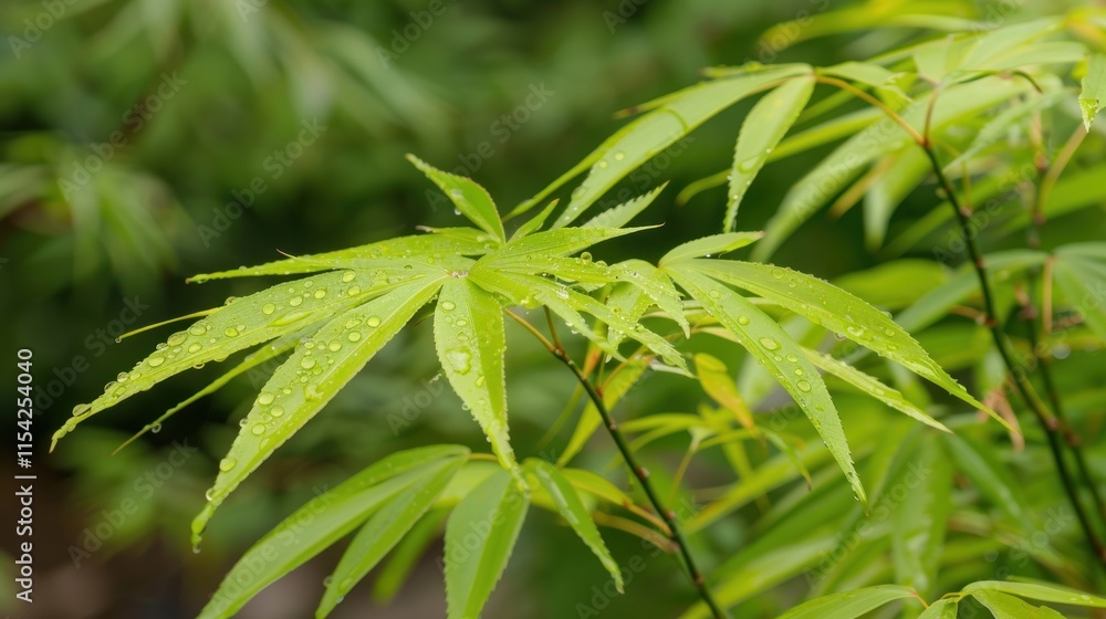 Close-up of vibrant green leaves with water droplets. Close-up of vibrant green leaves with water droplets.