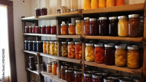 Wallpaper Mural Shelves filled with colorful jars of homemade preserves in a rustic kitchen setting Torontodigital.ca