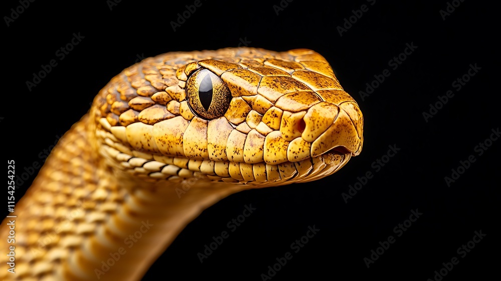 Close-up of a golden-brown snake's head against a black background. Close-up of a golden-brown snake's head against a black background.