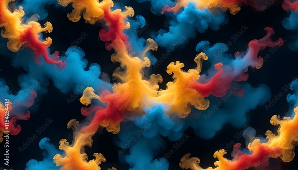 Obraz premium Coloridas formaciones abstractas de humo o nubes en tonos de azul, amarillo y rojo sobre un fondo oscuro, creando un efecto visual dinámico y vibrante