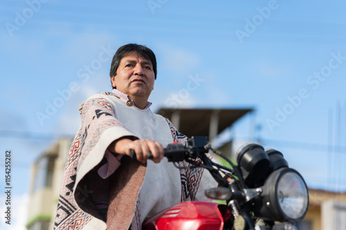 Middle-aged man riding a motorcycle in South America