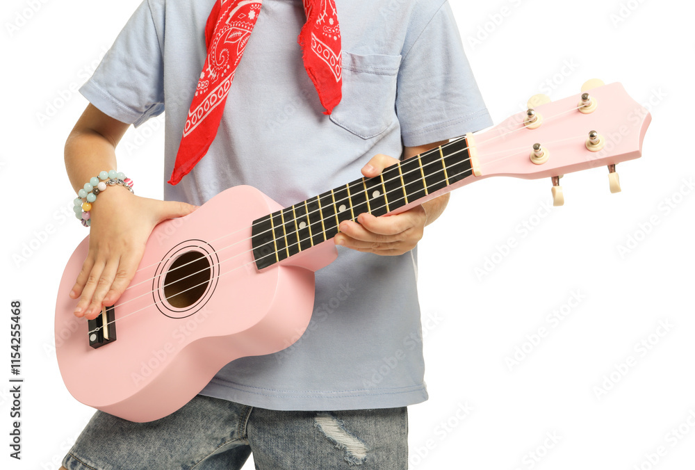 Little girl playing ukulele on white background, closeup Little girl playing ukulele on white background, closeup