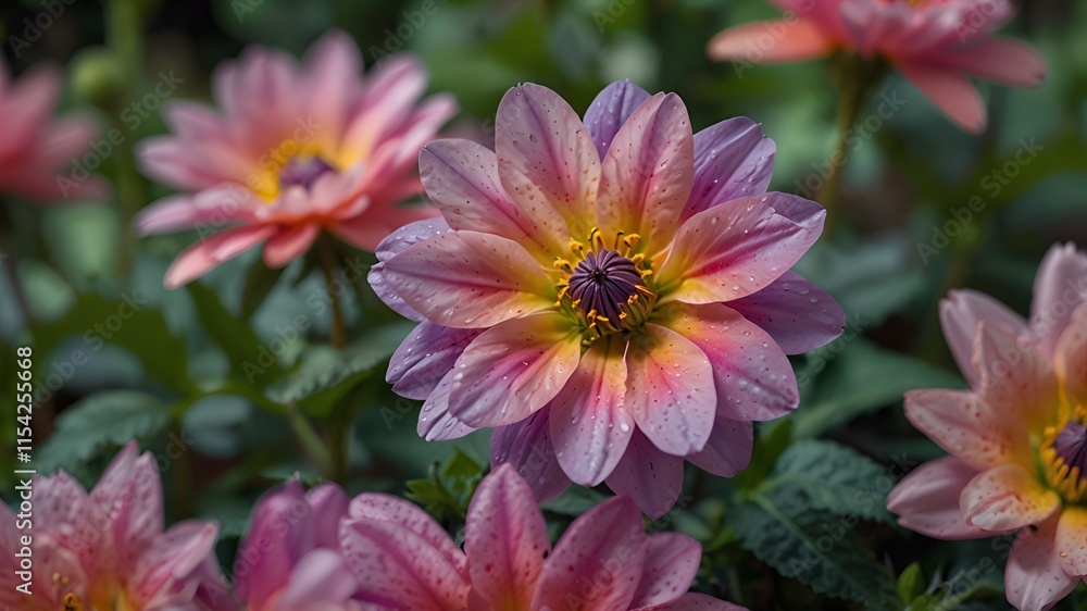 A purple flower with yelow centre and with water droplets on it. A purple flower with yelow centre and with water droplets on it.