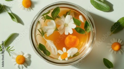 Herbal tea infusion with floating chamomile and sage for relaxation and wellness