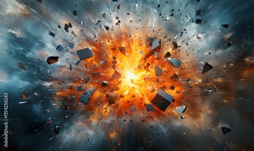 A powerful explosion of geometric debris, with various shapes