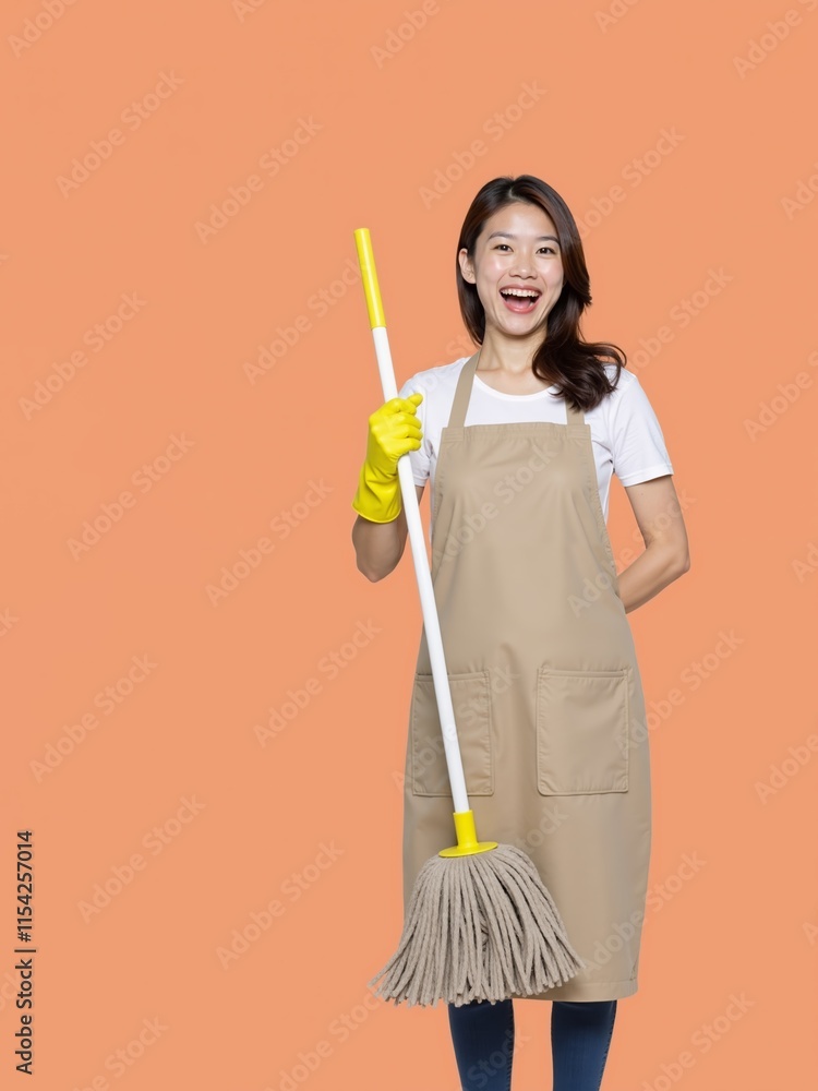 Janitor smiling confidently while holding a mop in a bright space, creating a positive atmosphere in a clean environment Janitor smiling confidently while holding a mop in a bright space, creating a positive atmosphere in a clean environment