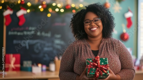 Smiling woman holding a beautifully wrapped Christmas gift in a festive classroom setting during the holiday season