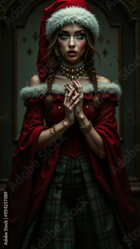 A stunning woman dressed in a festive red outfit with intricate lace details and a Santa hat. Her piercing gaze and elegant jewelry capture the magic of the holiday season.