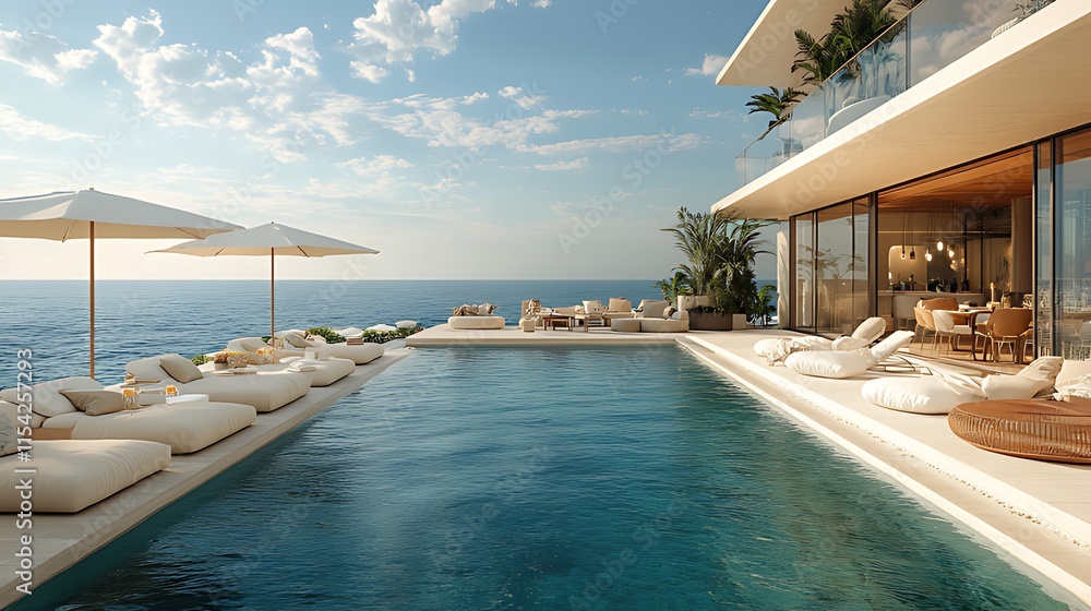 Fototapeta premium Luxury beachfront villa with infinity pool, outdoor lounge, and ocean view.