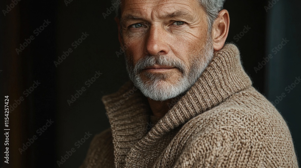 Obraz premium Older man in Mocha Mousse knit sweater with characterful features and natural charm