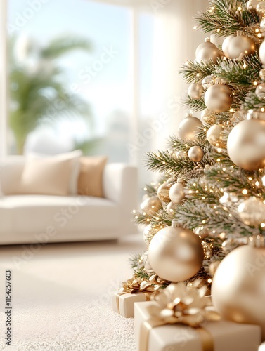 Christmas background. Christmas tree decorated in gold and beige and beige room