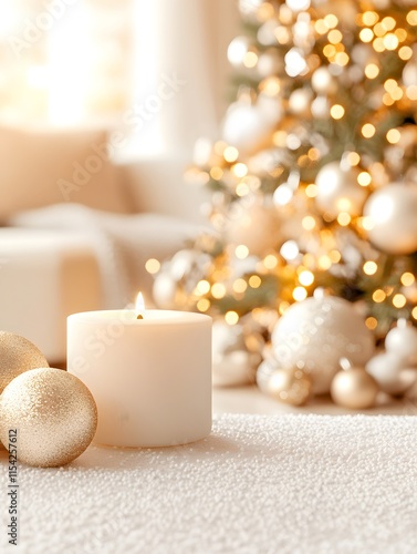 Christmas background. Christmas tree decorated in gold and beige and beige room