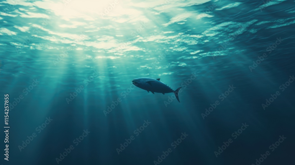 Obraz premium Underwater view of a swimming fish in serene blue ocean environment with sun rays shining through water