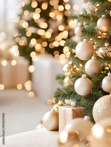 Christmas background. Christmas tree decorated in gold and beige and beige room