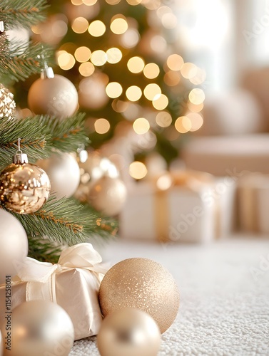 Christmas background. Christmas tree decorated in gold and beige and beige room