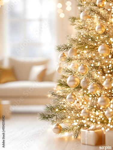 Christmas background. Christmas tree decorated in gold and beige and beige room