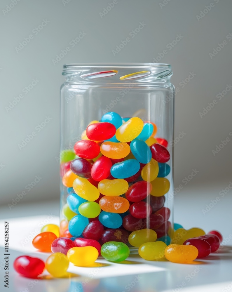 Colorful Jelly Beans in Glass Jar with Spilled Candy Colorful Jelly Beans in Glass Jar with Spilled Candy