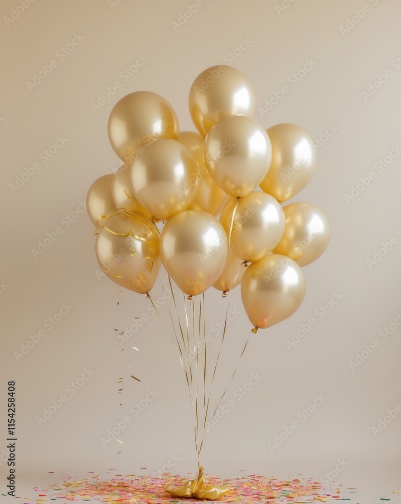 Golden Balloons with Confetti on Beige Background Golden Balloons with Confetti on Beige Background