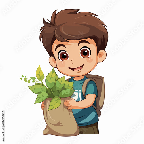 Young child carrying plant in grow bag - eco-friendly gardening
