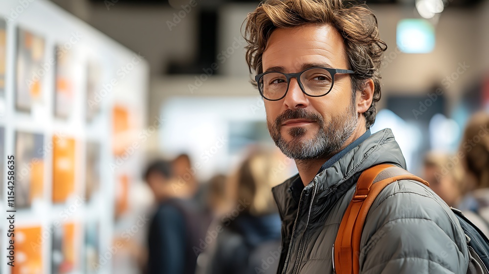 Obraz premium Man with Glasses at an Art Exhibition