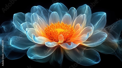 Abstract glowing lotus flower with bright orange center and translucent blue petals on black background.