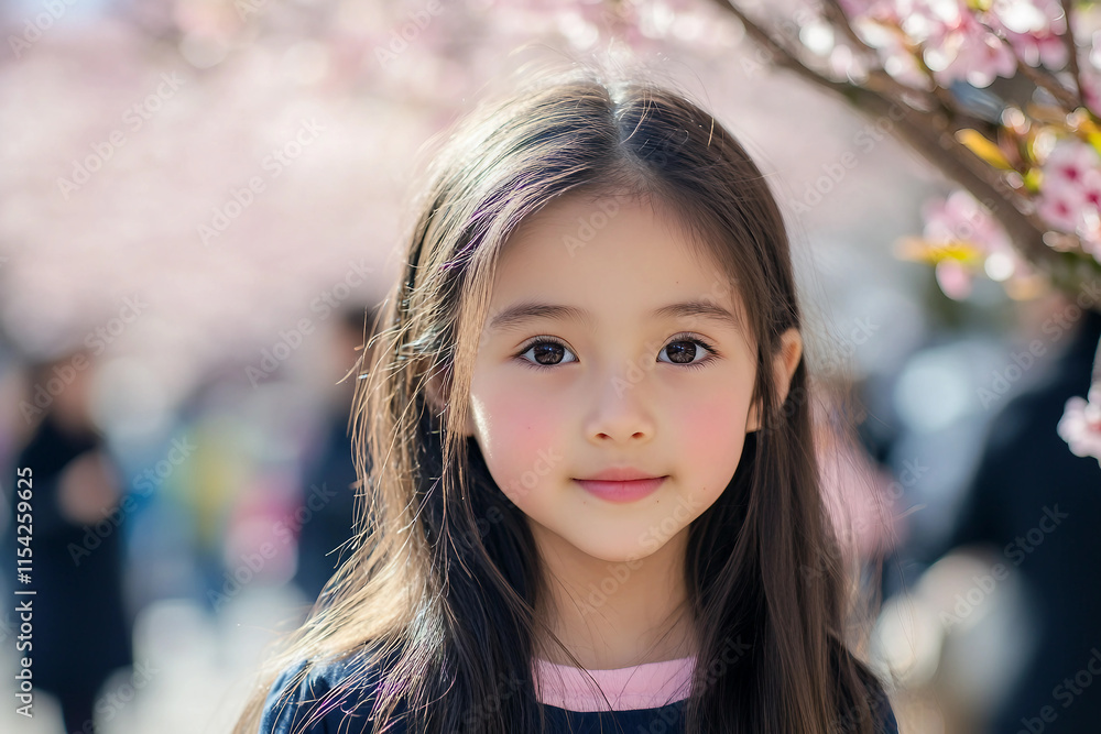 Fototapeta premium Generative AI artwork of a cute Japanese child enjoying the vibrant spring blossoms in a serene park setting