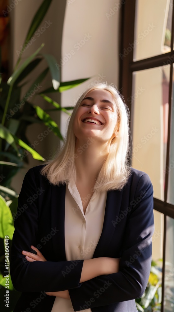 Fototapeta premium A White businesswoman smiles joyfully while standing in her office, showcasing a positive work culture and personal achievement.