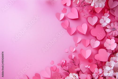 Romantic Valentine's Day Greeting Card with Pink Hearts and Delicate Paper Art on Soft Pink Background