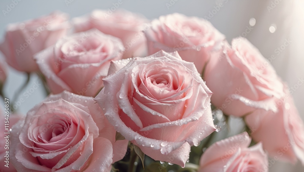 A bouquet of pink roses with water droplets on them A bouquet of pink roses with water droplets on them