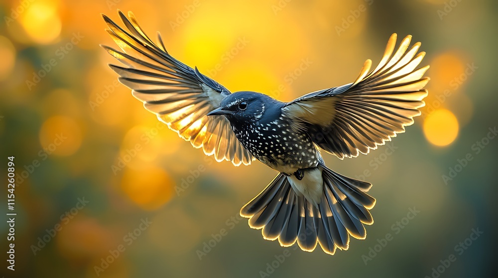 Fototapeta premium A speckled bird in flight wings spread wide against a golden background