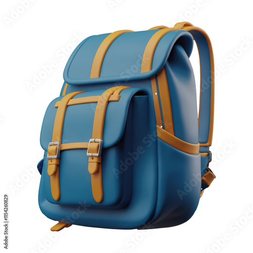 Blue 3D Backpack with Modern Yellow Straps on Isolated Transparent Background